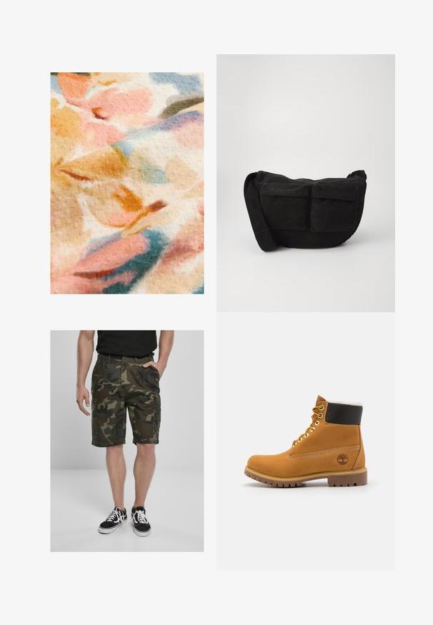 Floral fabric featuring soft pastel colors, including pink, orange, and blue, with a textured surface and a blurred pattern design.; Camo cargo shorts with cargo pockets, made from woven fabric in green and brown hues. Paired with black sneakers featuring white laces.; Brown leather ankle boot with metal eyelets, white fur lining, black padded collar, rugged sole, and embossed logo on the side.; Black corduroy crossbody bag with adjustable strap, featuring front pockets and a soft texture. Compact design with minimal detailing.