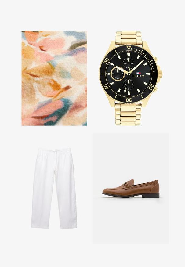 Tessuto floreale caratterizzato da morbidi colori pastello, tra cui rosa, arancione e blu, con una superficie texturizzata e un design a motivo sfumato.; Pantaloni bianchi, larghi e realizzati in tessuto leggero. Presentano un elastico in vita con cordino e due tasche laterali.; Mocassini in pelle marrone con tacco piatto, dotati di un accento metallico decorativo sul davanti, design elegante e texture liscia.; Orologio in metallo color oro con quadrante nero, indicatori luminosi e tre sotto-quadranti. Presenta un cinturino testurizzato e il logo “HILFIGER” al centro.; Orecchini a croce in oro con una finitura liscia e un gancio appeso, caratterizzati da un design semplice e allungato. Ogni croce è uniforme in dimensione.