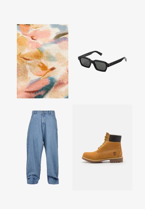 Blumenstoff mit sanften Pastellfarben, darunter Rosa, Orange und Blau, mit einer strukturierten Oberfläche und einem verschwommenen Mustern.; Hellblaue Jeanshosen mit lockerem Schnitt, Knopfverschluss, frontalen Taschen und umgeschlagenem Saum, ausgestattet mit einem klassischen Fünf-Taschen-Design.; Braune Leder-Ankle-Boots mit Metallösen, weißem Kunstfellfutter, schwarzem gepolstertem Kragen, robustem Sohlenprofil und geprägtem Logo an der Seite.; Schwarze, quadratische Sonnenbrillen mit grauen Gläsern. Dicke Kunststoffrahmen verfügen über goldene Akzente und Branding an den Schläfen. Glatte Textur.