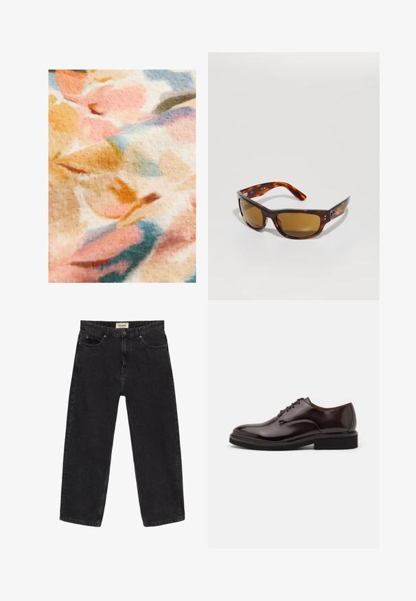 Květinová látka s jemnými pastelovými barvami, včetně růžové, oranžové a modré, s texturovaným povrchem a rozmazaným vzorovým designem.; Černé džíny z denimu s uvolněným střihem. Mají pět kapes, přední zapínání na knoflík a detaily prošití. Trochu vybledlá textura.; Hnědé kožené oxfordky s lesklým povrchem, kulatou špičkou, šněrovacím designem a silnou černou gumovou podrážkou. Prošívání na svršku.; Želvovinové sluneční brýle s hnědými skly. Elegantní obdélníkový rám, hladký povrch, jemné logo po straně a zakřivené nožičky pro pohodlí.