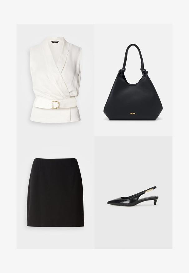 Blusa bianca senza maniche con design avvolgente e vita con cintura. Presenta una texture liscia e un accento con fibbia circolare dorata.; Gonna nera con una silhouette aderente, realizzata in un tessuto liscio. Presenta leggere pince frontali e un design di lunghezza a metà coscia.; Tacchi slingback in pelle nera con punta affusolata, caratterizzati da un tacco alto e un accento dorato sulla cinghia regolabile. Texture liscia.; Borsa a tote in pelle nera con una finitura strutturata, dettagli con manici annodati e logo dorato alla base. Presenta una silhouette morbida.