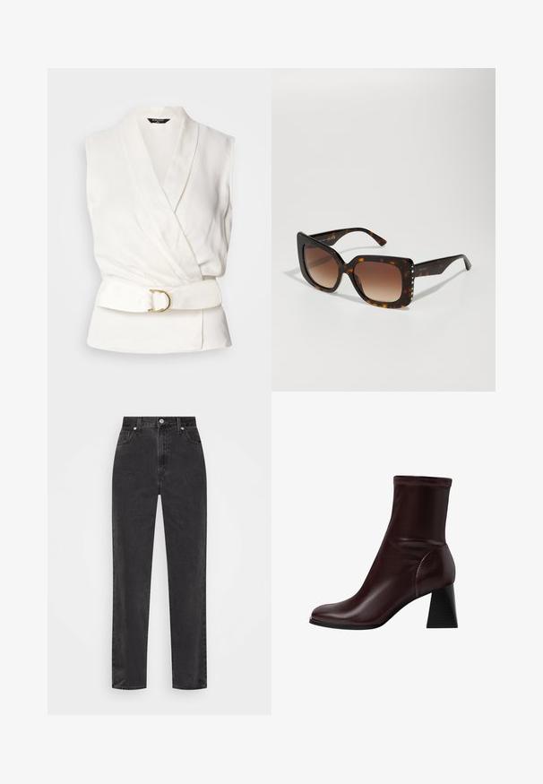 Valkoinen hihaton paita, jossa on kietomisdesign ja vyötärölle beltoitu malli. Ominaisuuksiin kuuluu sileä pinta ja kultainen pyöreä solki.; Musta poolikauluspaita, joka on valmistettu joustavasta kankaasta. Siinä on pitkät hihat, kireä muotoilu ja sileä pinta ilman kuvioita tai koristeita.; Suorat mustat farkut korkealla vyötäröllä, edessä nappi ja vetoketju sekä viisi taskua valkoisella taustalla.; Stradivarius BLOCK - Klassiset nilkkurit - dark red; Ruskohäpeär pruunid päikeseprillid suure ruudukujuliste läätsedega. Agradient pruun tooni, sujuv plastikraam, kaunistatud väikeste metallist nurgakujuliste nuppudega.