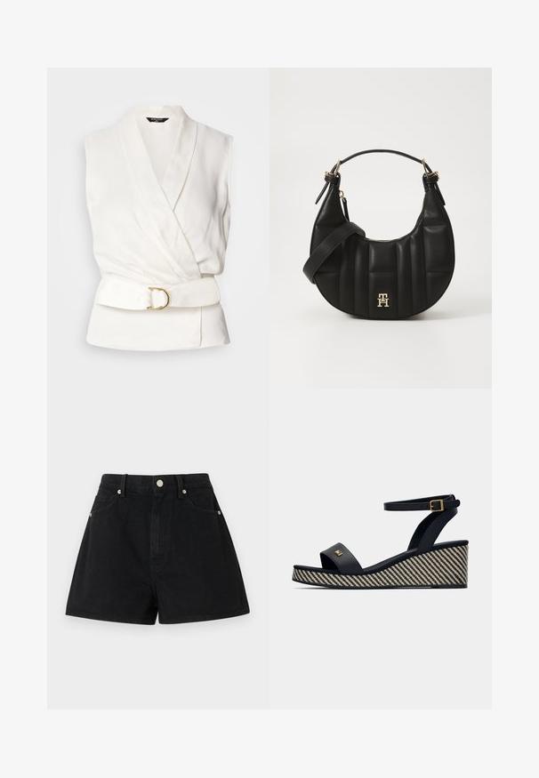 Bez piedurknēm balta blūze ar apvīšanas dizainu un jostu vidusdaļā. Iezīmējas ar gludu tekstūru un zelta apļa sprādzi.; Melna džinsu šorti ar augstu jostasvietu, piecām kabatām, sudraba piederumiem un standarta piegriezumu, kurus raksturo gluda tekstūra un kvalitatīva apdare.; Melna wedge sandale ar plašu siksnu, strukturētu austi pamatni diagonālā rakstā un potītes siksniņu ar zelta sprādzi.; Melnas ādas rokassoma ar izliekumu formu, kā arī izšūtu tekstūru un zelta aksesuāriem. Iespējas iekļauj noņemamu plecu siksnu un logo detalizāciju.