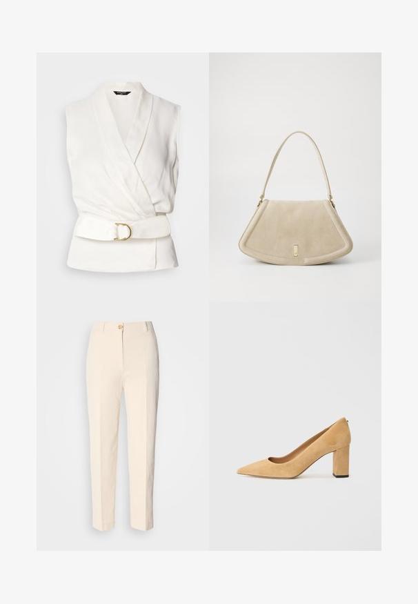 Blusa bianca senza maniche con design avvolgente e vita con cintura. Presenta una texture liscia e un accento con fibbia circolare dorata.; Pantaloni color crema a vita alta realizzati in un tessuto testurizzato. Presentano una chiusura frontale con bottone e gambe affusolate.; Pump beige in suede con tacco alto, punta affilata e tacco a blocco massiccio. Il materiale ha una consistenza morbida con una finitura liscia.; Borsa in suede beige con forma triangolare arrotondata, una sola tracolla e un accento in metallo dorato sul davanti.