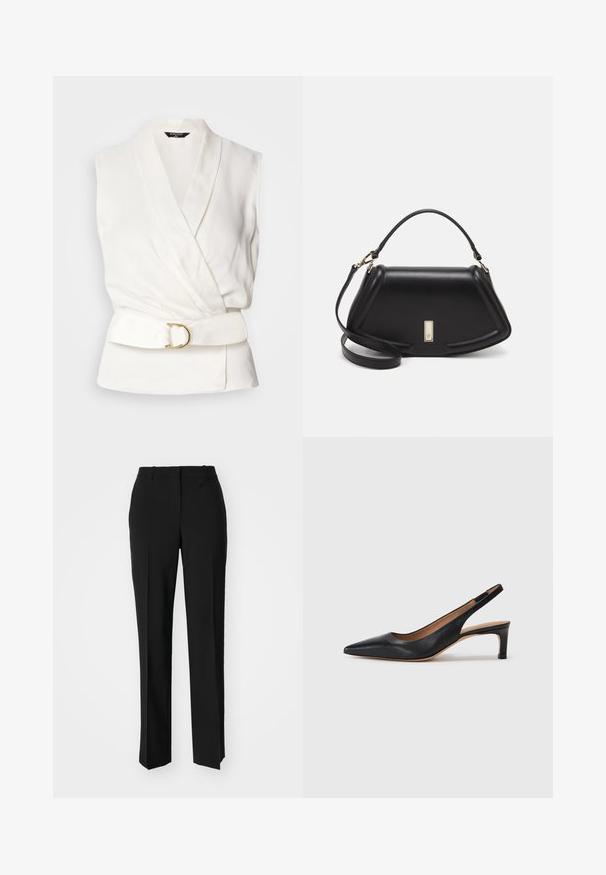 Sleeveless white blouse with a wrap design and a belted waist. Features a smooth texture and a gold circular buckle accent.; Black tailored trousers with a straight-leg design, featuring a smooth texture and crisp creases along the front. No visible hardware.; Black leather slingback pump with a pointed toe, low heel, and a smooth texture. Features a thin adjustable strap for a secure fit.; Black leather handbag with a structured design, featuring a cropped shape, top handle, and gold hardware accent. Adjustable shoulder strap included.