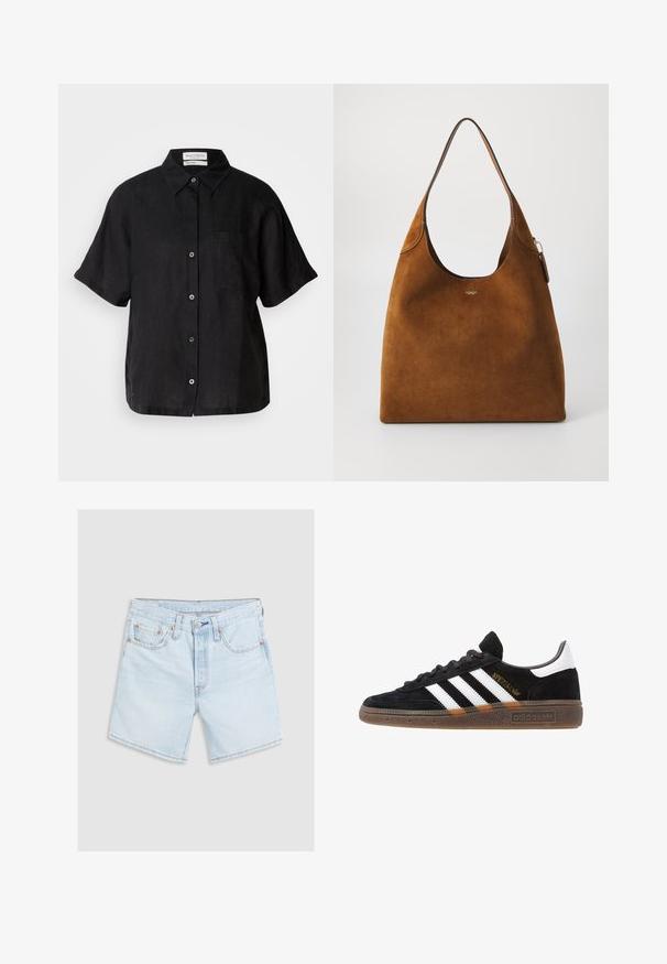 Camisa de lino negra de manga corta, con botonadura frontal, cuello recto y un bolsillo en el pecho. Presenta una textura sutil y un ajuste relajado.; Shorts de mezclilla azul claro con un acabado desgastado. Presenta cinco bolsillos, cierre de botón y detalles de costura en naranja. Corte recto clásico.; Zapatilla negra de Adidas con franjas blancas, texto dorado "Spezial", suela de goma y talón blanco, mostrada en vista lateral.; Bolso de hombro de ante marrón con forma curva y una sola correa, que presenta un sutil logo en la parte frontal. El fondo es blanco liso.