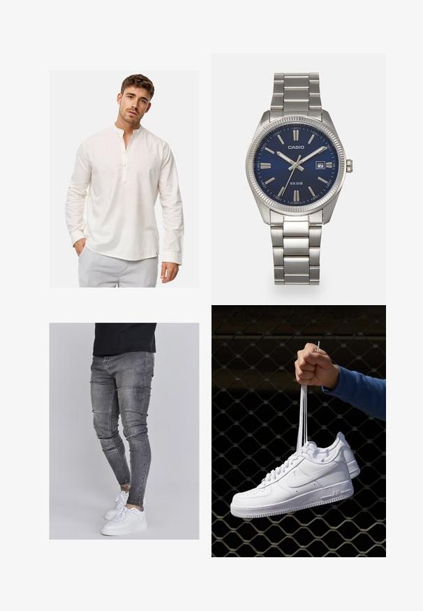 Chemise en lin blanc à manches longues avec un col montant et une patte de boutonnage. Texture douce avec une coupe décontractée et un ourlet arrondi.; Jeans skinny en denim gris délavé, présentant des détails déchirés au niveau des genoux, associés à des sneakers blanches. Texture lisse, design ajusté.; Baskets en cuir blanc avec perforations, à bout rond, semelle plate et lacets épais, arborant un logo swoosh visible et "AIR" sur le talon.; Montre-bracelet en acier inoxydable argenté avec un cadran bleu marine, des index métalliques et un affichage de la date à 3 heures. Résistante à l'eau jusqu'à 50 mètres.