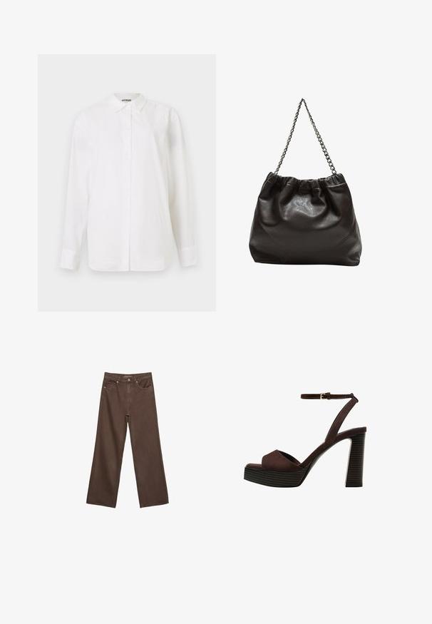Biela košeľa na gombíky vyrobená z hladkej tkaniny. Má klasický golier, dlhé rukávy a rovný strih bez viditeľných vzorov alebo ozdôb.; Džínsy s širokými nohavicami v hnedej farbe, vyrobené z denimu, so zvýšeným pásom, prednými vreckami a klasickým zapínaním na gombík. Hladká textúra s jemným prešívaním.; Hnedé semišové sandále na vysokom podpätku s otvorenou špičkou, nastaviteľným členkovým remienkom a pruhovanou platformovou podrážkou.; Hnedá kožená taška so zberaným vrchom a reťazovým popruhom. Hladký povrch s lesklým finišom a jemným švom po stranách.