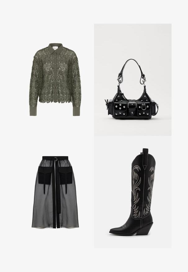 Olivno zelena srajca z čipkastim slojem, ki ima cvetlični vzorec, gumbi na sprednji strani in koničast ovratnik. Dolgi rokavi z enobarvnimi manšeti.; Črna prozorna krila z nabranim pasom, ki ima dva velika sprednja žepa, pas za zavezovanje in okroglo kovinsko dekoracijo.; Črne usnjene kavbojske čevlje s koničastimi prsti, klinastimi petami in srebrnimi vezeninami cvetnega vzorca po vsej dolžini. Kontrastno šivanje povsod.; Črna usnjena torbica s ukrivljenim dizajnom, ki vsebuje srebrne žebljičke, zaponko in dve stranski žepki. Nastavljiv trak za različne možnosti nošenja.