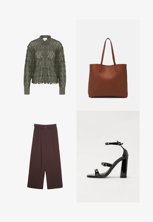Camicia verde oliva con sovrapposizione di pizzo a motivo floreale, apertura con bottoni davanti e colletto a punta. Maniche lunghe con polsini solidi.; Stradivarius WIDE-LEG WITH BUCKLE DETAIL - Pantaloni - dark brown; Sandali con tacco in vernice nera, con punta squadrata, cinturini alla caviglia e fibbie in argento. Presentano un tacco a blocco spesso per maggiore stabilità.; Borsa tote in pelle marrone con texture liscia, design con apertura superiore e due spallacci. Presenta cuciture minime e nessun hardware visibile.