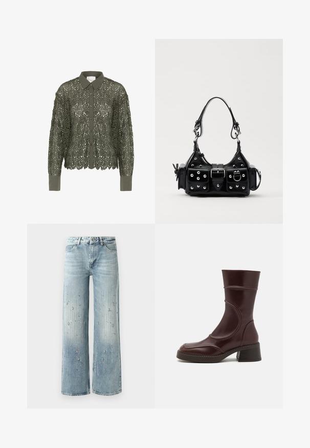 Olivgrünes Hemd mit Spitzenoberteil und floralem Muster, Knopfleiste und spitzem Kragen. Lange Ärmel mit einfarbigen Manschetten.; Hellblaue weite Jeans aus Denim, ausgestattet mit einem Farbverlaufseffekt und Verzierungen aus silbernen Strasssteinen in vertikalem Muster.; MIISTA MALENE - Stiefelette - brown; Schwarze Lederhandtasche mit einem geschwungenen Design, verziert mit silbernen Nieten, einer Schnalle und zwei seitlichen Taschen. Verstellbarer Träger für verschiedene Tragemöglichkeiten.
