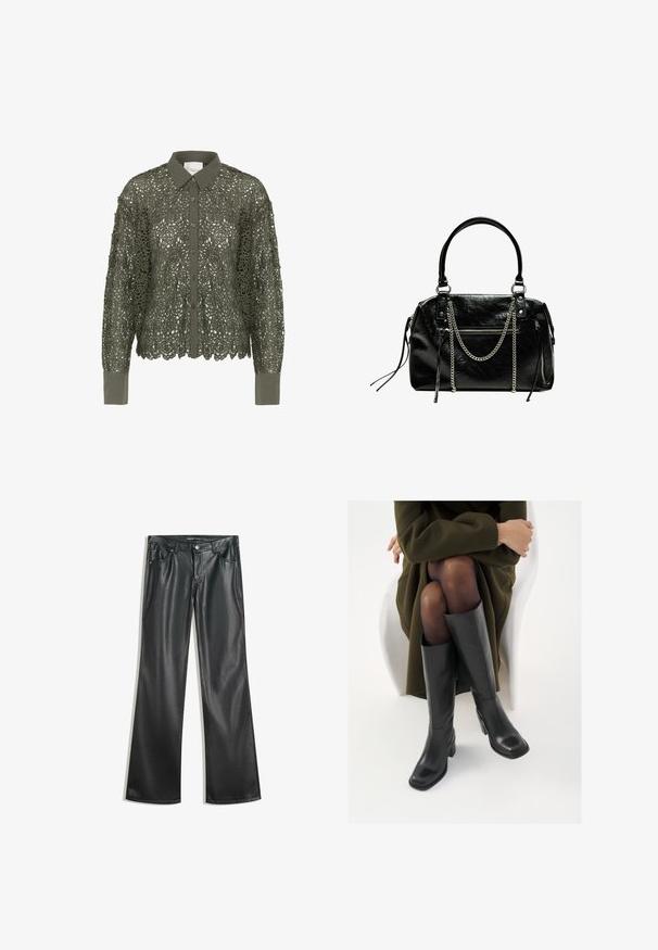 Olíva zöld ing csipke díszítéssel, virágos mintával, gombos elülső résszel és hegyes gallérral. Hosszú ujjú, egyszínű mandzsettával.; Fekete műbőr bővülő nadrág sima textúrával, öt zsebbel, elülső cipzárral és kontrasztos varrásokkal.; Térdfelett érő fekete bőr csizmák négyzet alakú orral és tömbtalppal, olajzöld kabátban ülő modellel bemutatva. Simaság, minimalista részletezés.; Bershka WITH CHAIN - Kézitáska - black