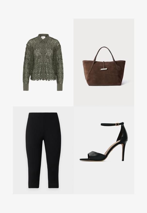 Olivgrünes Hemd mit Spitzenoberteil und floralem Muster, Knopfleiste und spitzem Kragen. Lange Ärmel mit einfarbigen Manschetten.; Schwarze Capri-Leggings aus dehnbarem Material, die eng anliegen und eine glatte Textur aufweisen, ohne auffällige Muster oder Akzente.; Schwarze hochhackige Sandale mit offenem Zeh, glattem Lederoberteil, Knöchelriemen mit goldener Schnalle und beigem Fußbett.; Braune Wildleder-Tote mit zwei weichen Griffen, einem vertikalen Riemen mit silbernem Akzent und einem weiten, offenen oberen Bereich. Glatte Textur, minimalistisches Design.