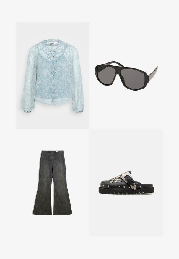 Világoskék, virágmintás blúz fodros nyakkivágással, hosszú puffos ujjakkal és gombos záródással az elején. Átlátszó anyag.; Fekete, harangszárú farmernadrág magas derékkal, két elülső és két hátsó zsebbel, texturált denim anyagból készült.; Fekete bőr klumpák fém díszítéssel, beleértve a szegecseket és egy dekoratív csatot, vastag, fogazott talppal.; Fekete, oversize napszemüveg, nyolcszögletű kerettel, szürke árnyalatú lencsékkel és sima műanyag szárakkal. Fém díszítések a pántoknál.; Fekete textúrájú bőr kézitáska ezüst szegecsekkel a felső élen és a fogantyúkon, rövid fogantyúval és leválasztható pánttal.