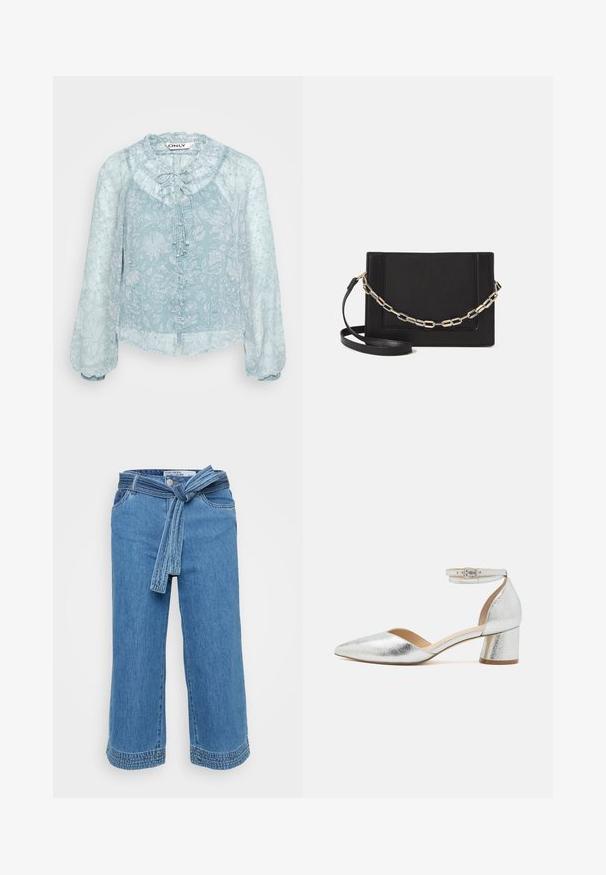 Šviesiai mėlyna bluzonė su gėlių raštu, raukšlėtu kaklu, ilgomis pūstomis rankovėmis ir mygtukų užsegimu priekyje. Permatoma medžiaga.; Šviesiai mėlynos džinsinės kulotės su suveržta juosmeniu, plačiais džinsais ir nusiplėšusiais kraštais. Yra kišenės ir šiek tiek nublukusi tekstūra.; Sidabriniai metaliniai smailėjantys bateliai su žemu blokiniu kulnu, turintys kulkšnių dirželį ir sagtį, ant baltos fono.; Juodas odinis per petį nešiojamas krepšys turi lygų paviršių, stačiakampio formą ir metalinę grandinėlę priekyje. Pridedama reguliuojama dirželis.