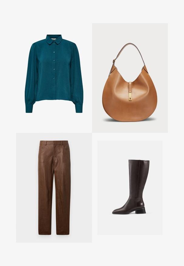 Tyrkysová blůza s límečkem, předním zapínáním na knoflíky a dlouhými rukávy. Vyrobená z texturované látky s nabíranými manžetami.; Hnědé kožené kalhoty s hladkou texturou, rovný střih a dvě postranní kapsy. Obsahují viditelné švy.; Hnědé kožené boty po kolena s hladkým povrchem, kulatou špičkou a černým podpatkem. Jednoduchý design s minimem kovových detailů.; Kabelka z hladké koženky v tan barvě, s křivkovým tvarem a širokým ramenním popruhem. Obsahuje zlatý kovový akcent ve středu a hladký povrch.