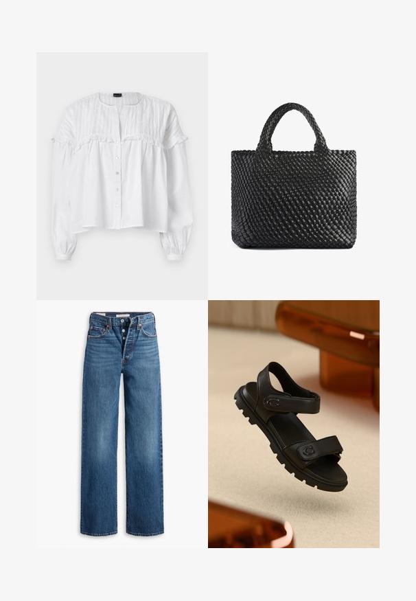 Vit skjorta med knappar i lätt tyg med volangdetaljer, plisserad design på axlarna och långa puffärmar.; Två ärmlösa bodysuits i olivgrönt och svart. Tillverkade av mjukt tyg med rund halsringning och högskurna ben.; Blå denimjeans med bred bendesign, fem fickor, knappgylf och kontrasterande sömmar. Texturerad tyg med en blekt finish.; Svart lädersandal med två justerbara remmar, texturerad sula och djärv, kraftig design. Har en loggopartiet på remmen.; Svart vävd toteväska med två handtag, med en texturerad yta och rektangulär form. Enkel, unik design utan synlig hårdvara.