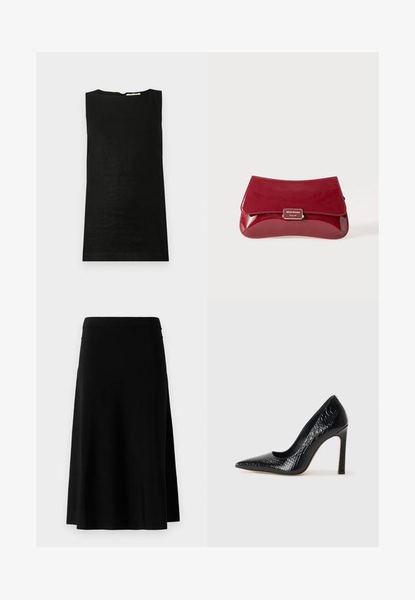 Ärmelloses schwarzes Oberteil aus einem leichten Stoff. Hat einen runden Ausschnitt und einen verdeckten Reißverschluss auf der Rückseite zum Schließen.; Schwarzer knielanger Rock mit geradem Schnitt und seitlichem Schlitz, vor einem weißen Hintergrund präsentiert.; Schwarzer, spitz zulaufender High Heel mit Krokodilleder-Struktur, elegantem Design, hohem Stiletto-Absatz und glattem schwarzen Innenraum.; Rote Clutch aus Lackleder mit geschwungenem Design, umklappbarem Deckel und einem Metallschriftzug auf einer silberfarbenen Plakette. Glatte, glänzende Oberfläche.