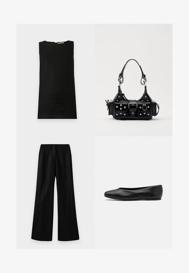 Sleeveless black top made of a lightweight fabric. Features a rounded neckline and a concealed back zipper for closure.; Black wide-leg pants made of a textured fabric. Features a high waist and clean front pleats, with a straight cut down to the hem.; Paul Smith TOPANGA - Ballet pumps - black; Black leather handbag with a curved design, featuring silver studs, a buckle, and two side pockets. Adjustable strap for carrying options.