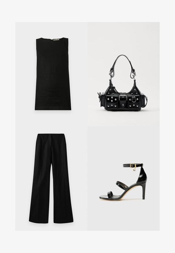 Juodos rankovių neturinčios palaidinės, pagamintos iš lengvos medžiagos. Turi apvalų iškirpimą ir paslėptą užtrauktuką nugaroje.; Juodos plačios kojų kelnės, pagamintos iš tekstūruotos medžiagos. Jos turi aukštą juosmenį ir tvarkingus priekinio kirpimo raukšles, o tiesus kirpimas tęsiasi iki apdailos.; Juodas patentuotas odinis sandalai su trimis diržais, kulkšnies sagtimi ir 4 colių stiletto kulnu. Yra aukso detalės ir logotipo žavesys.; Juodas odinis rankinukas su kreiviu dizainu, su sidabro spalvos knopkėmis, užsegimu ir dviem šoninėmis kišenėmis. Reguliuojama dirželis nešimui.