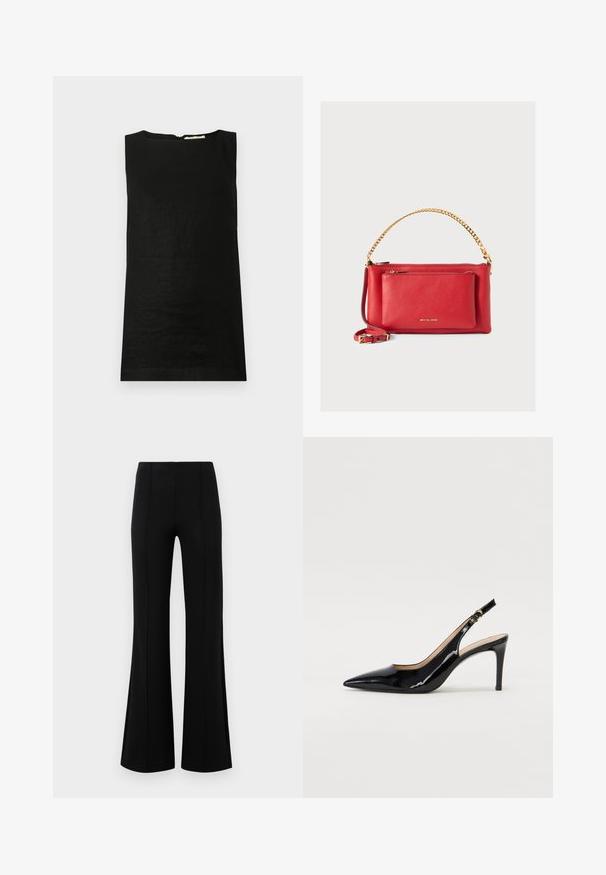 Sleeveless black top made of a lightweight fabric. Features a rounded neckline and a concealed back zipper for closure.; Black flared pants with a high waist, made of stretchy fabric. Features vertical seam details on the front and a smooth texture.; Black patent leather slingback pump with pointed toe, slim heel, and a subtle cutout design. Features a gold buckle on the strap.; Red leather handbag with a textured finish, gold chain and strap, front zipper pocket, and embossed logo. Compact and structured design.