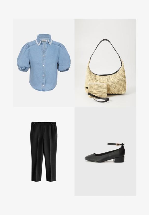 Svetlomodrá denimová košeľa s krátkym rukávom, nariasenými rukávmi, golierom s čipkovým lemovaním a zapínaním na gombíky. Mäkka textúra s zaobleným spodným okrajom.; Čierne skrátené nohavice s voľným strihom, elastickým pásom a dvoma prednými vreckami. Tkanina má hladkú textúru s mierne lesklým povrchom.; Čierne kožené lodičky s špicatou špičkou a nízkym blokovým podpätkom. Obsahuje remienok okolo členka so zlatým prackou. Hladký povrch.; Tkaná slamenná kabelka s prehnutým siluetom, vybavená hladkým čiernym koženým popruhom a zodpovedajúcou malou taštičkou pripevnenou pomocou zápästného popruhu.