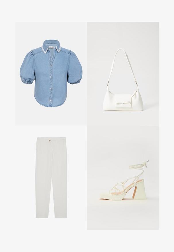 Gai zila denima īsām piedurknēm krekls ar pūkām, mežģīņu apdari pie apkakles un pogājamām frontēm. Mīksta tekstūra ar noapaļotu apakšmalu.; Baltas, pielāgots bikses ar taisnu kāju dizainu, ar pogu aizdari, jostu cilpām un sānu kabatām; gluda auduma tekstūra.; Baltas augstpapēžu sandales ar masīvu papēdi, ar siksnu dizainu un potītes saistītiem elementiem. Gluda tekstūra ar platformu priekšpusē, lai nodrošinātu papildu augstumu.; Balta sintētiska soma ar trīsstūrveida formu, plakanu priekšējo vāciņu un loku detaļu, regulējamu siksnu, gludu tekstūru un minimālistisku dizainu.