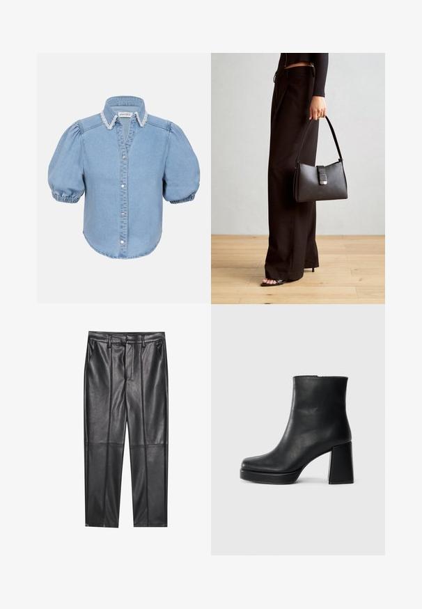 Light blue denim short-sleeve shirt with puffed sleeves, lace-trimmed collar, and button-up front. Soft texture with rounded hem.; Black leather trousers with a smooth texture, featuring a straight fit, two front pockets, and visible seam detailing.; Black leather ankle boot with a block heel and platform sole, viewed from the side on a plain white background.; Black handbag with structured shape, smooth texture, and a metallic clasp. Paired with wide black pants and open-toe sandals on wooden floor.