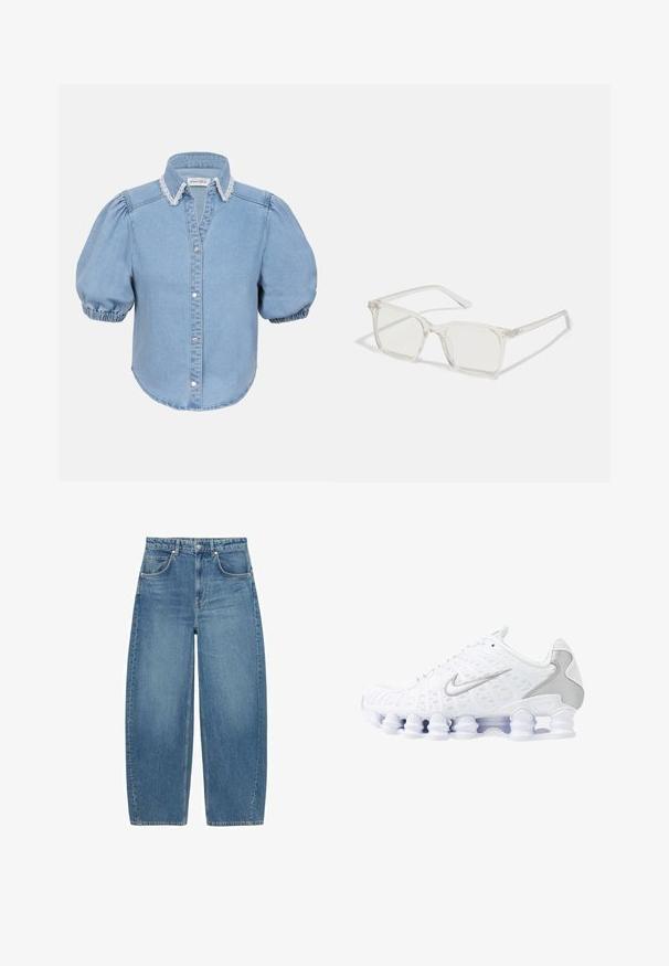 Vaaleansininen farkkutakkipaita lyhyillä hihoilla, puffattuja hihoja, pitsireunuksinen kaulus ja napitettava etuosa. Pehmeä kangas ja pyöristetyt helmat.; Siniset korkeavyötäröiset leveälahkeiset farkut, joissa on etutaskut ja nappikiinnitys, esillä tasaisena valkoista taustaa vasten.; Valkoiset urheilukengät, joissa on verkkokangaspäällinen, hopeiset yksityiskohdat ja ainutlaatuinen kierreellinen pohjamuotoilu. Varustettu pehmustetulla nilkkakohdalla ja nauhakiristyksellä mukautuvaa istuvuutta varten.; Selkeä muovinen neliönmuotoinen kehyslasit, joissa on läpinäkyvät linssit ja kultaset mäntäraudat lisäämään yksityiskohtia.