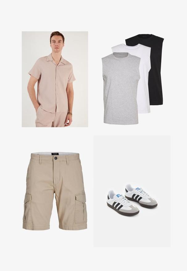 Korte mouw shirt in lichtroze, gemaakt van ribbelstof. Heeft een kraag en knopen aan de voorkant, met een ontspannen pasvorm.; Drie mouwloze T-shirts in grijs, wit en zwart. Zacht katoenmateriaal met een ronde hals en een relaxte pasvorm. Eenvoudig ontwerp, geen patronen.; Beige cargoshorts van katoen, met meerdere zijzakken, een knoopsluiting bij de taille en een rechte pasvorm.; Sportschoenen met een witte leren bovenkant, grijze suède neus en drie zwarte strepen. Bevat een blauw logo op de tong en een gestructureerde rubberen zool.