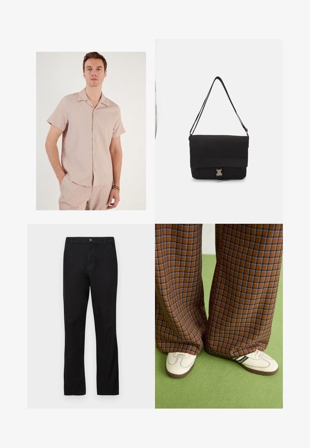 Gaišas rozā krāsas īsām piedurknēm krekls, izgatavots no ribota auduma. Ar apkakli un pogām priekšpusē, tam ir vaļīgs piegriezums.; Melni kokvilnas bikses ar taisnām kājām, ar pogu aizdari, priekšējām un aizmugurējām kabatām, kā arī gludu tekstūru.; Brūni un zili rūtaini platās kājas bikses, kas savienotas ar baltām kurpēm ar melniem akcentiem un teksturētām zolēm, uz zaļa fona.; Melna sūtītāja soma, izgatavota no gludas materiāla, ar nolocamu vāku, sudraba sprādzi un regulējamu plecu siksnu.