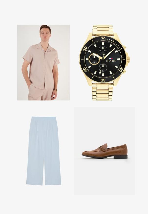 Šviesiai rožinė trumpomis rankovėmis marškinėliai, pagaminti iš šonkaidžio audinio. Yra apykaklė ir mygtukai priekyje, laisvas kirpimas.; Šviesiai mėlynos plačios kelnės, pagamintos iš lygaus audinio, turi priekinę raukinį ir elastingą juosmenį patogumui.; Rudi odiniai loaferiai su plokščiu kulnu, su dekoratyviu metaliniu akcentu priekyje, elegantiškas dizainas ir lygus paviršius.; Aukso tonų metalinis laikrodis su juodu ciferblatu, švytinčiais ženklais ir trimis subciferblatais. Šis laikrodis turi tekstūruotą apyrankę ir „HILFIGER“ logotipą centre.