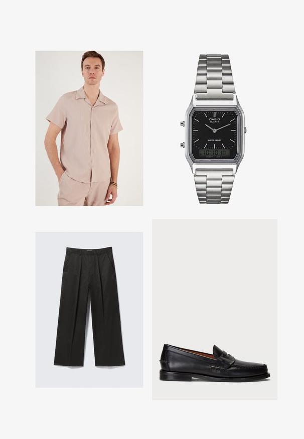 Rövid ujjú, világos rózsaszín ing, bordázott anyagból készült. Különleges jellemzői közé tartozik a gallér és az elülső részén elhelyezett gombok, lazább szabása van.; Fekete, bő szárú nadrág sima textúrával, két elülső zsebbel és enyhén megemelt derékkal.; Fekete bőr mokaszin lekerekített orral, varrott részletezéssel és díszes pánttal az elején. Lapos talp minimalista profilal.; Ezüst rozsdamentes acél kvarcóra fekete, téglalap alakú számlappal, analóg mutatókkal, digitális kijelzővel és vízállósági jelöléssel.