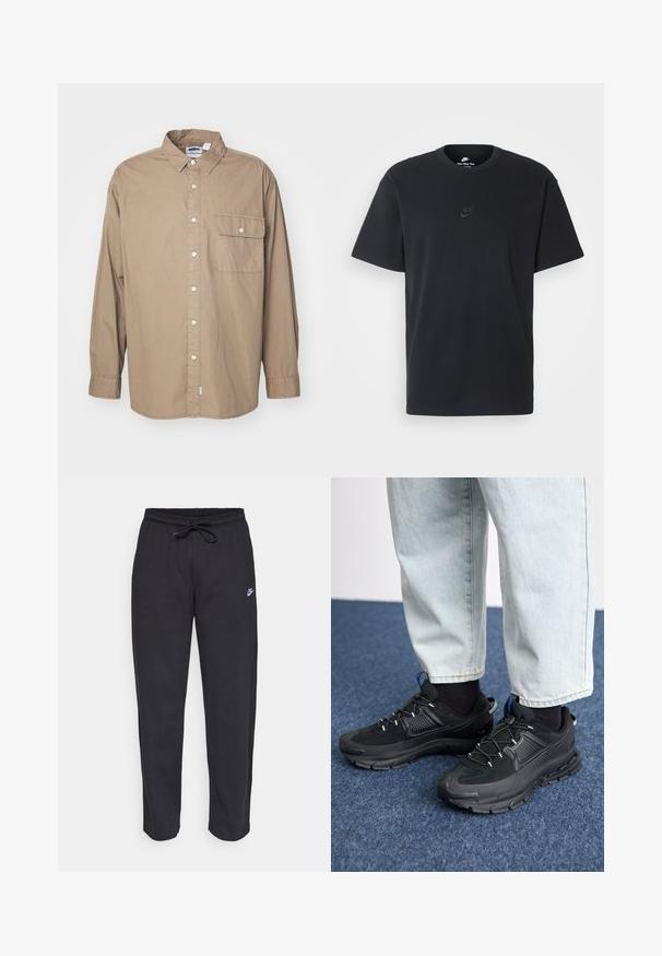 Débardeur, manches longues, tissu coton beige clair, fermeture à boutons, poche poitrine simple avec rabat, col classique, ourlet droit.; T-shirt en coton noir Nike avec un col rond classique, des manches courtes et un logo embossé subtil sur la poitrine. Texture lisse.; Pantalons de survêtement noirs en tissu doux, avec une taille élastique, un cordon de serrage et un petit logo Nike sur la cuisse gauche.; Des chaussures de sport noires avec un tissu texturé et des semelles en caoutchouc, dotées de lacets élastiques et d'un accent bleu au talon. Portées avec un pantalon en denim clair.