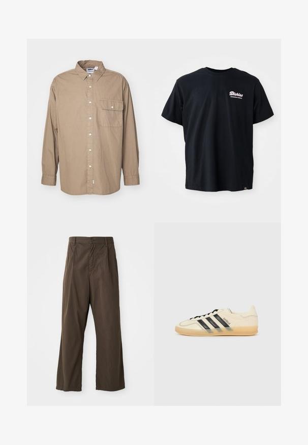 Hihatus, pitkät hihat, vaalea ruskea puuvillakangas, napitus edessä, yksi rintatasku läpällä, klassinen kaulus, suora helma.; Musta puuvillapaita, jossa on lyhyet hihat, pyöreä pääntie ja vaaleanpunainen logo vasemmassa rinnassa. Paitassa on etiketti vasemmassa alareunassa.; Ruskeat, leveälahkeiset housut, jotka on valmistettu puuvillasta ja joissa on edessä nappisuljenta, vyölenkit sekä sileä, matteepinta.; Vaalean kerma sneaker, jossa on musta kolmiraidallinen muotoilu, teksturoitu yläosa, pyöreä kärki ja kumipohja. Varustettu nauhoilla ja brändäyksellä sivulla.