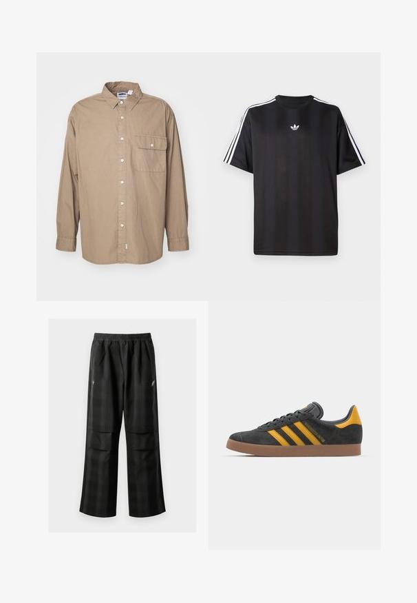 Tank top, long sleeves, light brown cotton fabric, button front, single chest pocket with flap, classic collar, straight hem.; Black short-sleeve t-shirt with white three-stripe detailing on shoulders and a small white logo on the chest. Smooth fabric texture.; Black plaid pants featuring an elastic waistband, two front pockets, and a loose fit with a straight leg design. Made from lightweight material.; Black suede sneaker with yellow accents, featuring three stripes and a brown rubber sole. Includes a padded tongue for comfort.