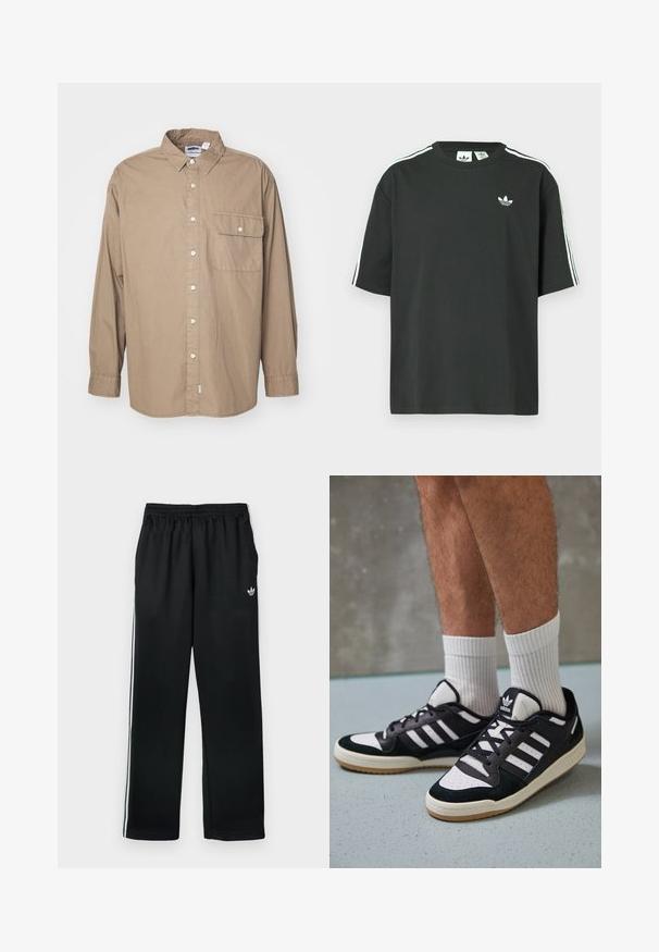 Μάυρο μπλουζάκι χωρίς μανίκια, με μακριά μανίκια, από ελαφρύ καφέ βαμβακερό ύφασμα, με κουμπιά μπροστά, μία τσέπη στο στήθος με καπάκι, κλασικό γιακά, ίσιο στρίφωμα.; Μαύρο βαμβακερό μπλουζάκι με κοντά μανίκια, στρογγυλή λαιμόκοψη και λευκές τρεις ρίγες στο ύψος των ώμων. Φέρει μικρό λευκό λογότυπο στο στήθος.; Μαύρο αθλητικό παντελόνι με ελαστική μέση, με λευκές ρίγες στα πλάγια και μικρό λογότυπο στο μπροστινό μέρος. Λείο ύφασμα και ίσια γραμμή.; Μαύρα και λευκά αθλητικά παπούτσια με άνω μέρος από σουέτ και δέρμα, featuring τρεις λευκές ρίγες, περατά δάχτυλα και σόλα από καουτσούκ τύπου γκαστ.