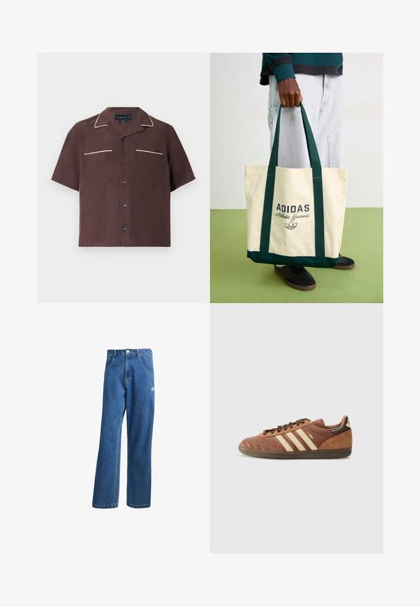 Korte mouwen bruin shirt van gladde stof met witte bies langs de kraag en zakken, met twee borstzakken en zwarte knopen.; Blauwe hoge taille wijde spijkerbroek met voorzakken, riemlussen, knoopsluiting en klein Adidas-logo op de rechterdij.; adidas Originals SAMBA UNISEX - Sneakers laag - preloved brown/sand strata/dark brown; Persoon met een beige Adidas-tas met donkere groene handvatten, gekleed in lichtgrijze broek en zwarte sneakers op een groene vloer.