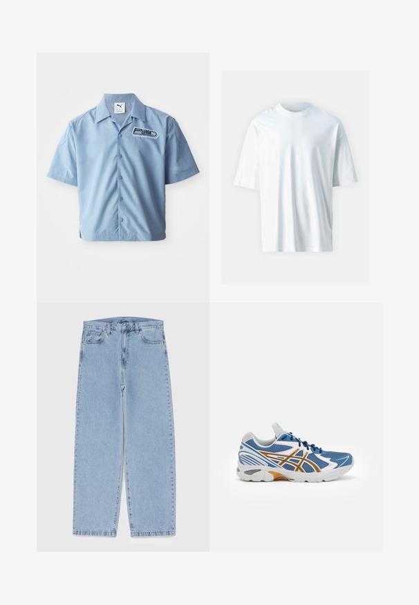 Gaiši zils īsu piedurkņu pogājams krekls, izgatavots no gludas auduma. Uz kreisās krūtis ir melns un balts Puma logo. Klasiska apkakles dizains.; Balts īsām piedurknēm T-krekls, kas izgatavots no mīkstas kokvilnas. Tam ir apaļa kakla izgriezums, brīva piegriezuma forma un gluda tekstūra. Nav redzamu rakstu vai akcentu.; Gai zila džinsu bikses ar taisnu kāju dizainu, kas piedāvā vidēju vidukļa augstumu, piecas kabatas un pogas un rāvējslēdzēja aizdari.; Zila sporta apava ar acs audumu augšdaļu, baltiem un oranžiem akcentiem, ar mīkstinātu vidusdaļu un teksturētu gumijas zoli. Iespējama saslēdzama dizaina.