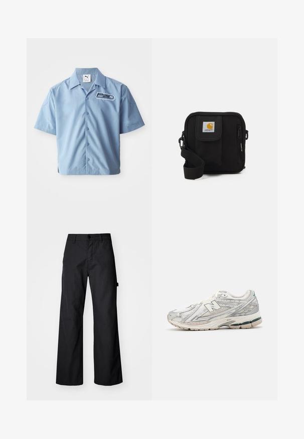 Šviesiai mėlynas trumpas rankovėmis marškinėliai su mygtukais, pagaminti iš lygaus audinio. Kairėje krūtinės pusėje yra juodos ir baltos spalvos Puma logotipas. Klasikinio apykaklės dizainas.; Juodos, plačios kojinės kelnės, pagamintos iš tvirto audinio. Su mygtukų užsegimu ir šoninėmis kišenėmis. Sklandus paviršius su švariu dizainu.; Bėgimo bateliai turi sidabrinį ir baltą tinklinį viršutinį sluoksnį su žaliai akcentu. Padas yra masyvus ir tekstūruotas, sukurtas amortizacijai ir paramai.; Juoda petnešų rankinė su užtrauktuku pagrindiniame skyriuje, priekinė kišenė, reguliuojama juostele ir matoma logotipo etikete ant uždaromo dangtelio.