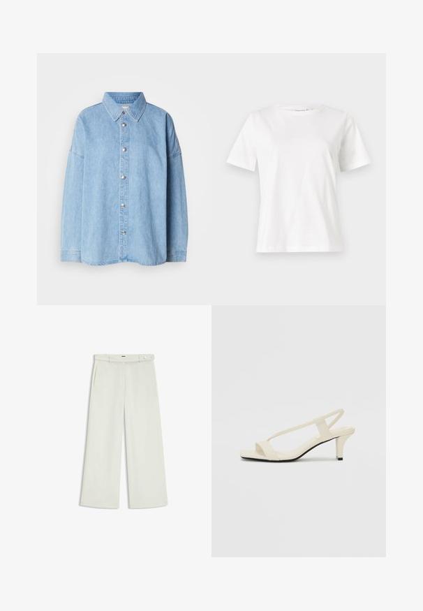 Camicia di jeans blu chiaro con bottoni frontali, colletto a punta e maniche lunghe, dotata di bottoni metallici e design dalla vestibilità comoda.; T-shirt bianca in cotone con maniche corte, scollatura rotonda e vestibilità rilassata. Struttura liscia, senza motivi né accenti, design minimalista.; Pantaloni a gamba larga in tessuto crema chiaro, dotati di tasche laterali, frontale liscio e chiusura a un bottone in vita. Texture morbida.; Sandali con tacco a blocco beige, con sottili cinturini e punta quadrata. Materiale liscio con dettagli minimi, progettati per un facile utilizzo.