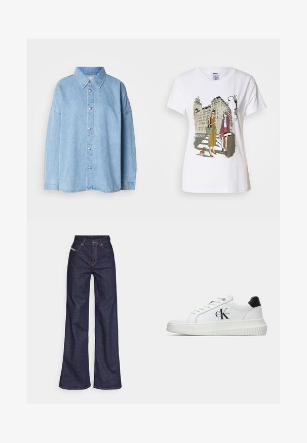 Chemise en denim bleu clair avec un devant à boutons, col étalé et manches longues, ornée de boutons en métal et d'un design à coupe décontractée.; T-shirt en coton blanc avec une illustration imprimée de deux femmes en styles de mode urbaine, accompagnées d'un chien sur un passage piéton, avec des bâtiments de la ville en arrière-plan.; Jeans ample bleu foncé en denim avec taille haute, ornés de surpiqûres orange, d'un design à cinq poches et d'une fermeture à bouton.; Baskets basses blanches avec un tab de talon noir, semelle plateforme, lacets et logo "CK" de Calvin Klein sur le côté.