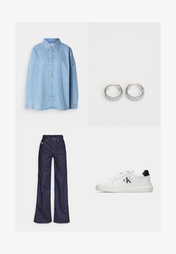 Cămașă din denim albastru deschis, cu închidere cu nasturi în față, guler răspândit și mâneci lungi, prevăzută cu nasturi metalici și un design confortabil.; Blugi taille mare, de culoare albastru închis, din material denim, cu croială largă, cu cusături portocalii, design cu cinci buzunare și închidere cu nasture.; Adidași albi cu glezna joasă, cu tab-ul de călcâi negru, talpă platformă, șireturi și logo-ul "CK" de la Calvin Klein pe lateral.; Cercei din argint în formă de cerc cu un design texturat, ce prezintă striții verticale. Formă circulară cu un sistem de închidere sigur. Finisaj neted.