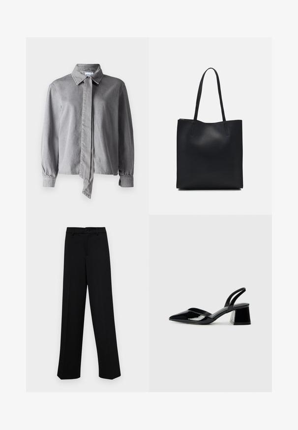 Szürke galléros ing, elöl nyakkendővel, texturált anyagból készült, hosszú ujjakkal, gombos mandzsettával és egyenes szabással.; Fekete, széles szárú nadrág sima anyagból, klasszikus derékrésszel, gombzárral és elülső redőkkel.; Fekete lakk bőr szandálkés magas sarkú cipő, hegyes orral és geometrikus tömbsarkakkal. Karcsú, minimalista dizájn és sima textúra jellemzi.; Fekete bőrtáska sima felszínnel, téglalap alakú, két hosszú füllel. Nincs látható fémkiegészítő vagy díszítés.