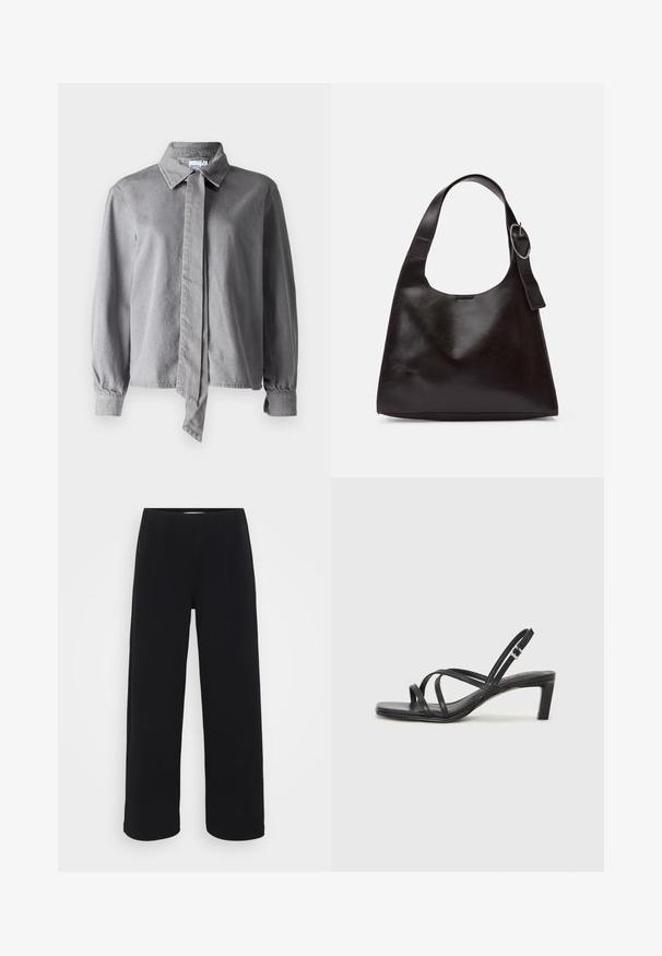 Szürke galléros ing, elöl nyakkendővel, texturált anyagból készült, hosszú ujjakkal, gombos mandzsettával és egyenes szabással.; Fekete, bő szárú nadrág, elasztikus derékkal. Texturált anyagból készült, laza szabású, egyenesen vágva a csípőtől a szegélyig.; Fekete pántos szandál négyzetes orral és alacsony blokk sarkal. Több vékony pánttal és állítható boka pánttal rendelkezik. Sima bőrből készült.; Barna bőr válltáska sima felülettel, lekerekített formával, széles pánttal és kör alakú fém akcentussal a fogantyún.