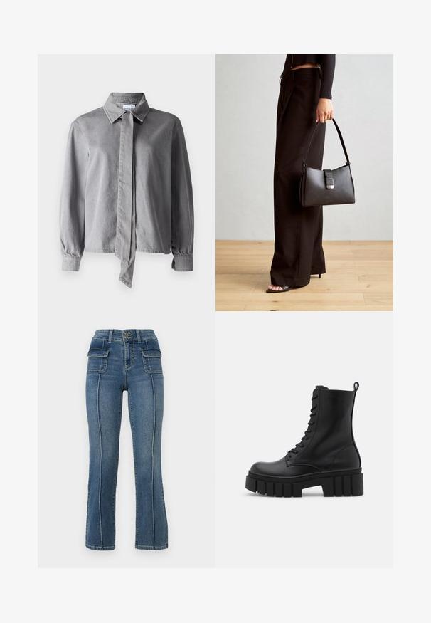 Pelēka apkakles krekls ar kaklasaiti priekšā, izgatavots no tekstaura auduma, ar garām piedurknēm, pogu aprocēm un taisnu piegriezumu.; ONLY Petite ONLWAUW MID WAIST FLARED - Džinsi ar paplatinātiem galiem - medium blue denim; Melnas ādas potītes zābaki ar masīvu, rievojumu zoli, auklu aizdari un vilces cilpu uz gludas baltas fona.; Melnā somiņa ar strukturētu formu, gludu tekstūru un metālu sprādzi. Saskaņota ar platām melnām biksēm un sandālēm ar atvērtu purngalu uz koka grīdas.; Sudraba riņķveida auskari ar gludu, spīdīgu apdari. Apaļas formas, viegla dizaina, ar aizdari uz stieples.