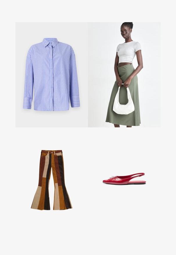 Camicia button-up blu chiaro con strisce verticali e accenti a pois. Presenta un colletto, maniche lunghe e una linea dritta. Tessuto morbido.; Pantaloni a zampa in velluto a coste con motivo a righe nelle tonalità di marrone, beige e oro, con tasche e una fascia colorata in vita.; Scarpa piatta slingback rossa in pelle con punta affusolata e un dettaglio decorativo di lacci nella parte frontale, caratterizzata da una sottile fascia alla caviglia e suola piatta.; Top crop a coste grigio e gonna a vita alta verde oliva. Il modello tiene una borsa a spalla bianca con dettagli intagliati. Design semplice, silhouette aderente.