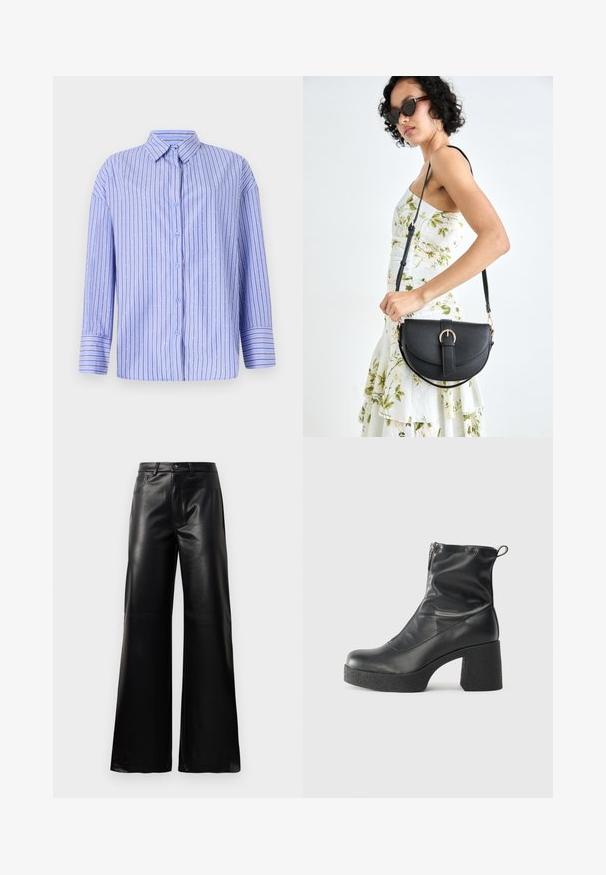 Svetlo modrá košeľa na gombíky s vertikálnymi pruhmi a bodkovanými akcentmi. Obsahuje golier, dlhé rukávy a rovný strih. Mäkká tkanina.; Čierne vysokopriestené široké nohavice z umelého kože s predným gombíkom, zipsom, pútkami na opasok a bočnými vreckami na bielom pozadí.; Čierne členkové topánky z hladkej kože, so bočným zipsom, robustnou textúrovanou pätnou časťou a zaobleným dizajnom špičky.; Čierna kožená kabelka s zaobleným tvarom, odnímateľným popruhom a zlatými doplnkami. Kabelka má klopu s detailom s prackou.