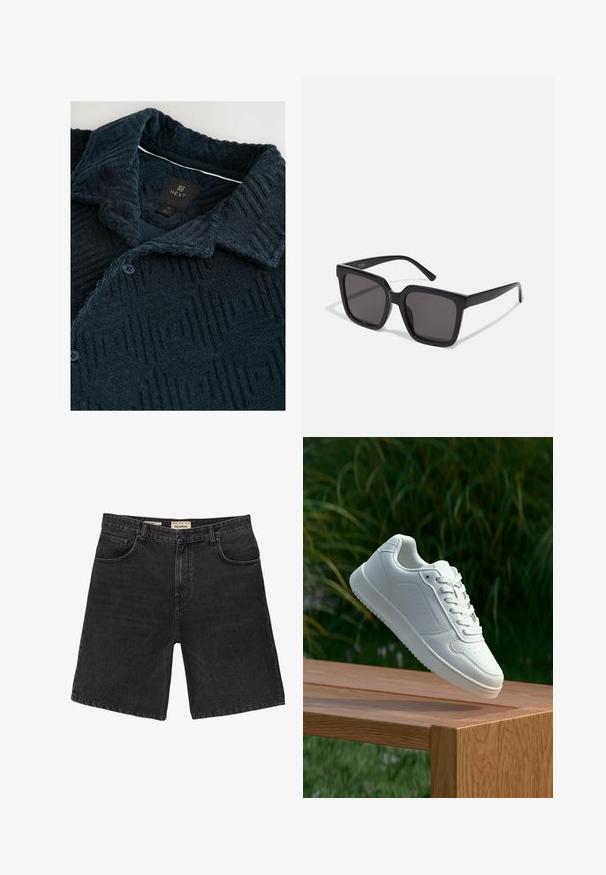 Dunkelblaues gemustertes Hemd mit geometrischem Muster, ausgestattet mit einem Kentkragen, zwei Knöpfen und einem Markenlabel am Hals.; Schwarze Denim-Shorts mit klassischem Schnitt, ausgestattet mit fünf Taschen und einem Knopfverschluss. Texturiert, mit sauberen Abschlüssen und geradem Saum.; Weiße Sneaker mit einem glatten, synthetischen Obermaterial, perforierter Zehenbox, flachen Schnürsenkeln und einer strukturierten Sohle, präsentiert auf einer Holzoberfläche.; Schwarze Sonnenbrille mit quadratischem Rahmen, dunkeltönte Gläser und glattes, glänzendes Kunststoffmaterial. Die Bügel haben ein schlichtes, längliches Design.