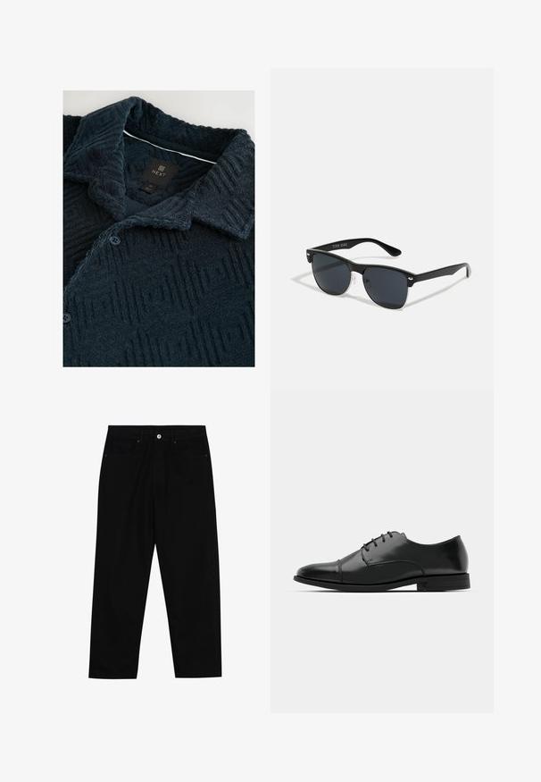 Särkkä tummansinisestä tekstuurista, jossa on geometrinen kuvio, leveä kaulus, kaksi nappia ja brändilogo kaula-aukossa.; Mustat farkut suoraan lahkeella, viisi taskua ja etunappikiinnitys. Sileä rakenne, jossa on vain vähäisiä ompelualueita.; Musta nahkakengät, joissa on pyöristetty varvas, nauhakiinnitys, hienovaraiset ompeluyksityiskohdat ja matala korko. Sujuva pinta kiillotetulla viimeistelyllä.; Mustat aurinkolasit, joilla on suorakulmainen muoto, tummat linssit, hopeiset yksityiskohdat temppeleissä ja matta pinta kehykset.